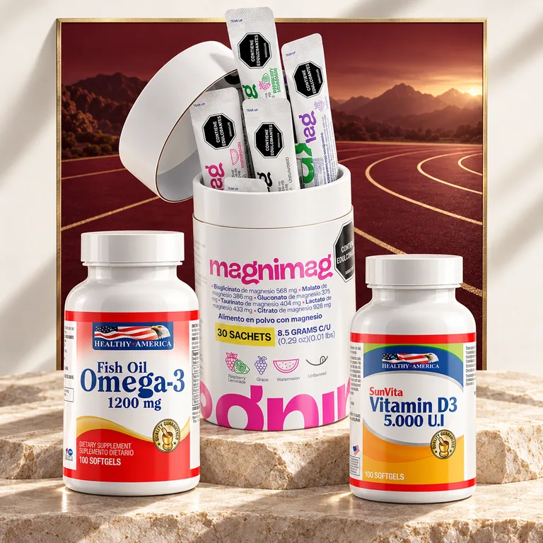 Kit Running: magnesio con sobres, omega-3 y vitamina D3 saliendo de un marco dorado