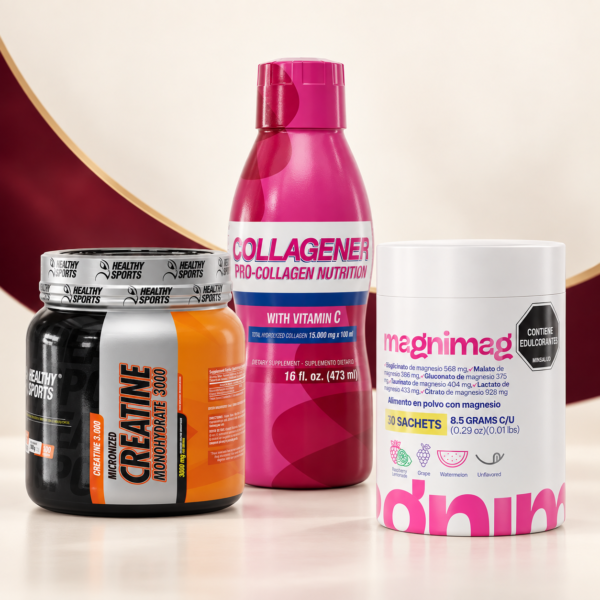 Kit Fuerza Femenina con creatina monohidratada 300 g, colágeno líquido 473 ml y Magnimag 30 sachets