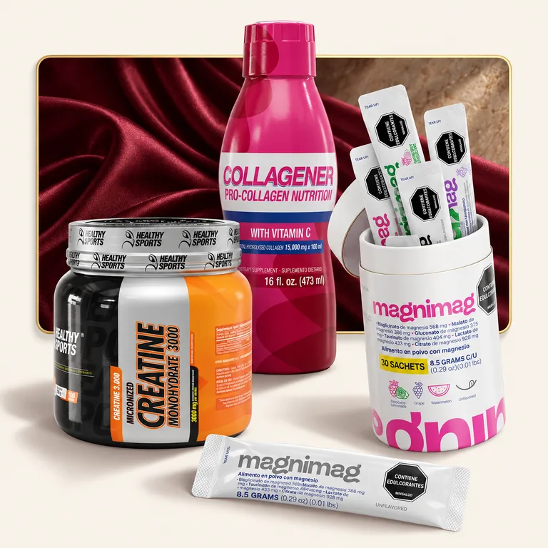 Kit Fuerza Femenina: colágeno líquido, creatina monohidratada y Magnimag abierto con sobres en una composición con efecto de profundidad