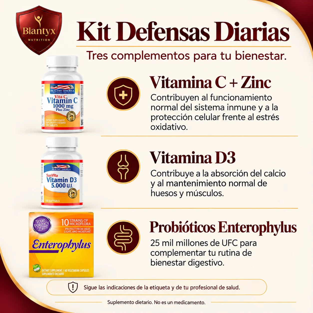 Kit Defensas Diarias · Vitamina C + Zinc + Vitamina D3 + Probióticos - ficha de beneficios
