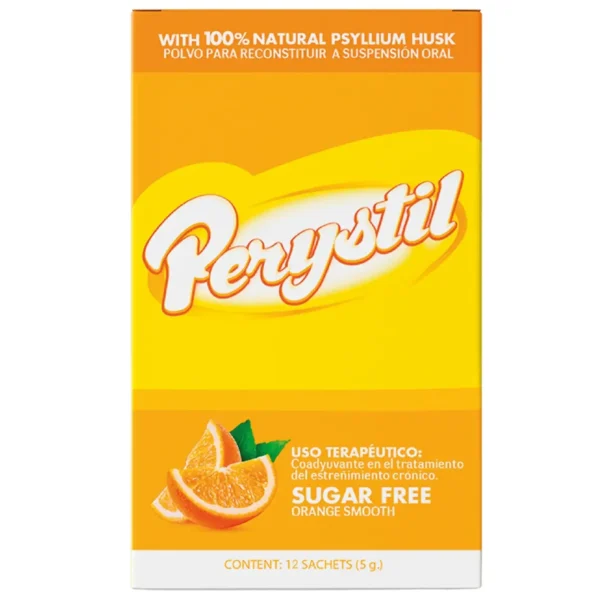 Perystil Psyllium Husk, fibra soluble sabor naranja sin azúcar, 12 sachets